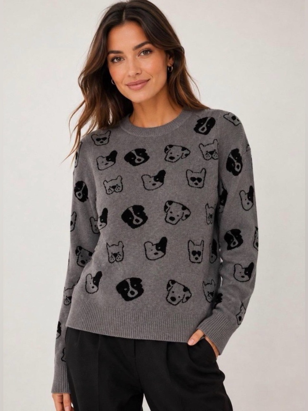 NEW ANTHROPOLOGIE CALLIGRAPHIE Gray Crewneck Black Dog Face Print Sweater SZ M